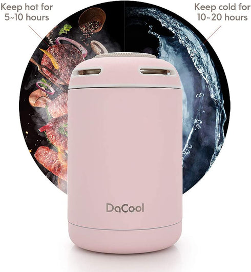 DaCool Insulated Lunch Containers Hot Food Jar Vacuum Insulated Stainless Steel 16 oz Leak Proof Keep Food Cold Hot Food Container for Kids Adult Lunch Box School Camping Outdoors,BPA Free- Pink
