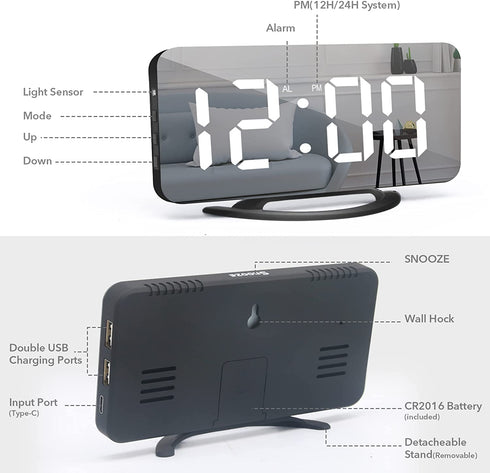 Digital Alarm Clock, 6.5" LED Mirror Electronic Clocks,with 2 USB Charger,Snooze Model, 3 Adjustable Brightness?Outlet Powered Compact Clock for Bedrooms, Bedside, Desk, Shelf(Black-White)