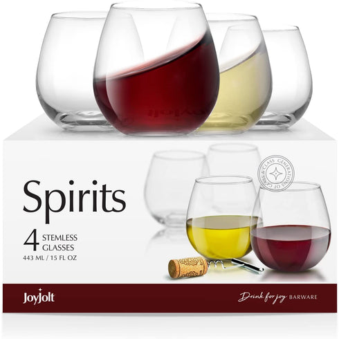 JoyJolt Spirits Stemless Wine Glasses for Red or White Wine (Set of 4)-15-Ounces