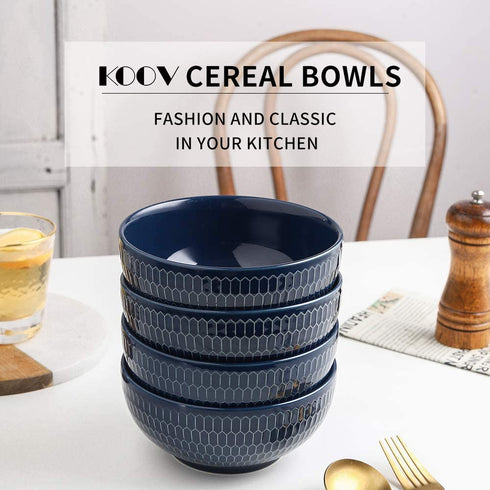 KOOV 24 Ounce Soup Bowl Set, Porcelain Cereal Bowls Microwave And Dishwasher Safe, Kitchen Bowls For Oatmeal Breakfast, Chip, Rice, Ceramic Bowls Set of 4 (Embossed Blue)