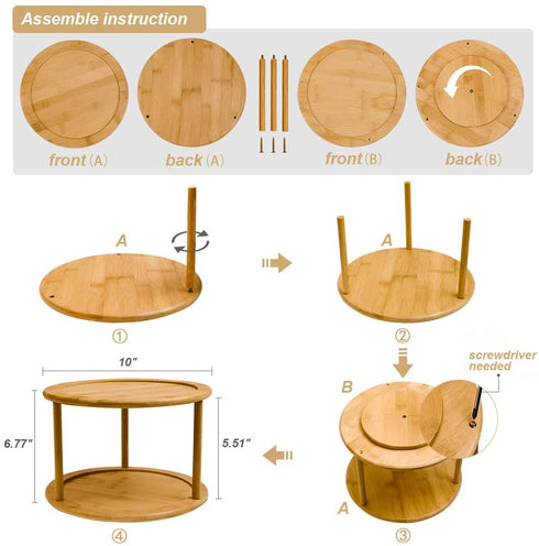 Lazy Susan Turntable Spice Rack - 10 Inch 2-Tier Bamboo Kitchen Countertop Cabinet Rotating Condiments Organizer