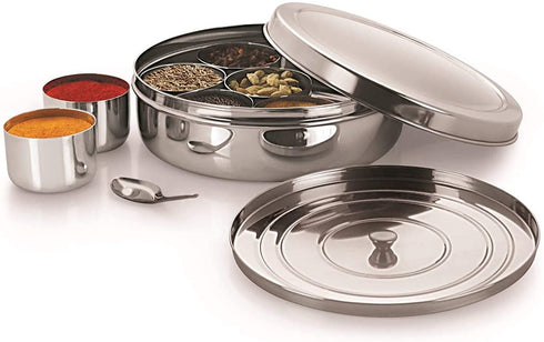 Spice Container - Masala Dabba - 7 Compartments, masala box,steel masala dabba,Spice container box,stainless steel spice box indian masala dabba with 7 spice containers with size 8 X 8 inches (1)