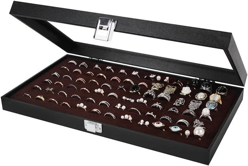 JackCubeDesign Jewelry Ring Display Organizer Storage Box Case Tray Holder with 72 Slot Ring Display(Black, Inside Brown Velvet, 14.7 x 8.3 x 1.97 inches)-:MK248B
