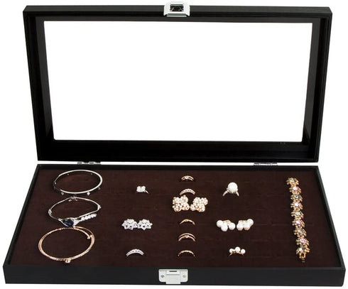 JackCubeDesign Jewelry Ring Display Organizer Storage Box Case Tray Holder with 72 Slot Ring Display(Black, Inside Brown Velvet, 14.7 x 8.3 x 1.97 inches)-:MK248B