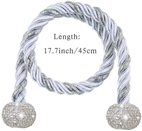 ALON Magnetic Curtain Tiebacks, Bling Curtain Holdbacks, Crystal Tie Backs for Curtains, Hold Curtains Drape Ties Backs 17 inch Holdback, No Need Drilling(Set of 4 - Silver)
