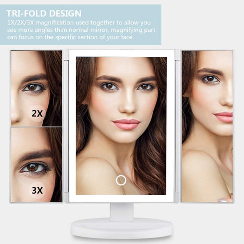Makeup Mirror with Lights Vanity Mirror with Lights 37 LED Lighted Makeup Mirror Trifold Mirror 1X 2X 3X Magnification Touch Screen Switch 360 Degree Rotation Dual Power Supply