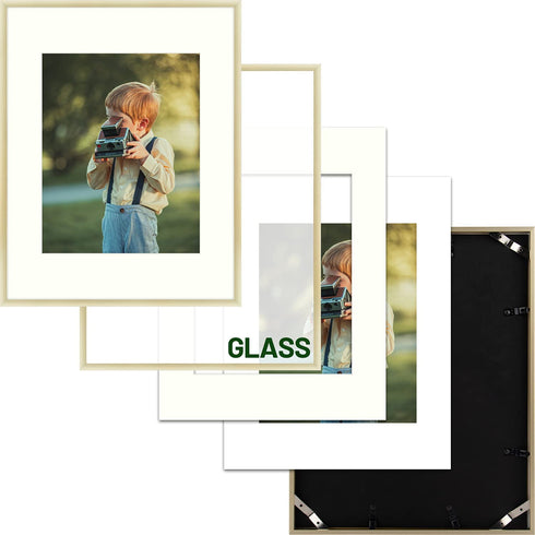 Frametory, 11x14 Metal Picture Frame - Aluminum Thin Molding - Photo Frame with Ivory Color Mat for 8x10 Wall Art & Pre-Installed Mounting Hardware - Real Glass (Gold, 1 Pack)