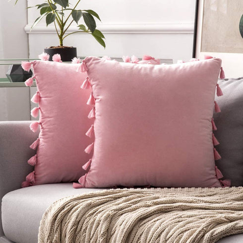 MIULEE Pack of 2 Velvet Soft Solid Decorative Throw Pillow Cover with Tassels Fringe Boho Accent Cushion Case for Valentine's Day Couch Sofa Bed 20 x 20 Inch Bright Pink