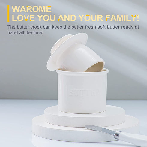 Warome Butter Crock with Knife,4.5OZ White Butter Keeper with Water Line/French Butter Dish/Butter Storage/Butter Dish with Lid ,Ceramic Butter Container, Keep the Butter Fluffy & Fresh