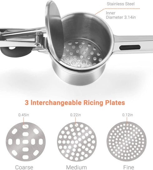 WILLIZTER Potato Ricer, Stainless Steel Potato Ricer Fruit and Vegetables Masher Food Ricer Large Capacity with 3 Interchangeable Discs & Inner Cup