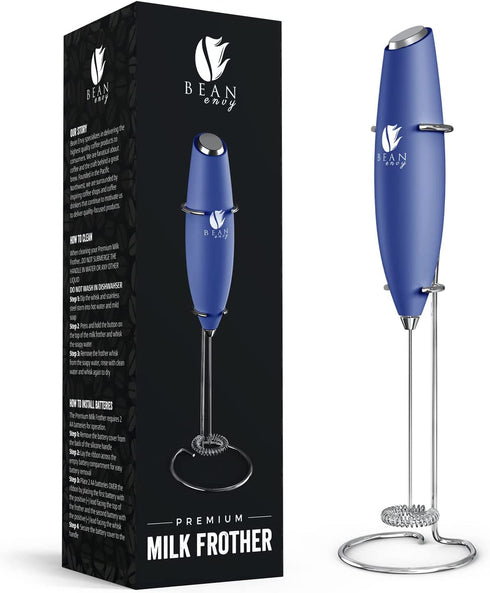 Bean Envy Handheld Milk Frother for Coffee - Electric Hand Blender, Mini Drink Mixer Whisk & Coffee Foamer Wand w/ Stand for Lattes, Matcha and Hot Chocolate - Kitchen Gifts - Blue