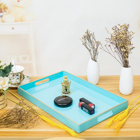 MAONAME Blue Serving Tray with Handles, Modern Decorative Tray for Coffee Table, Plastic Rectangular Tray for Ottoman, Bathroom, Decor, 15.75? x 10.2? x1.57