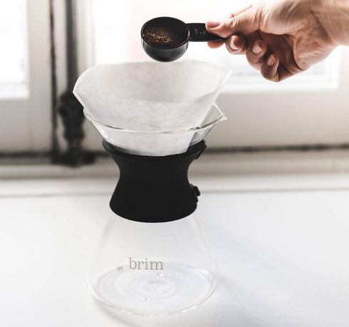 Brim 6 Cup Pour Over Coffee Maker Kit, Simply Make Rich, Full-Bodied Coffee Every Time, Set Includes Glass Carafe, SCA Measuring Scoop, Silicone Sleeve, and Healthy-Eco Reusable Filter, Black