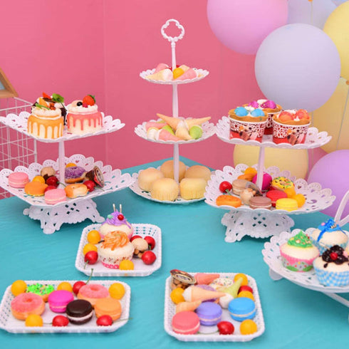 6Pcs Party Cupcake Cake Stand Includes 3 Tier 2 Tiers Square/Heart/Round Cupcake Holder with 3pcs Rectangle Plastic Serving Trays for Party Wedding Home Decor