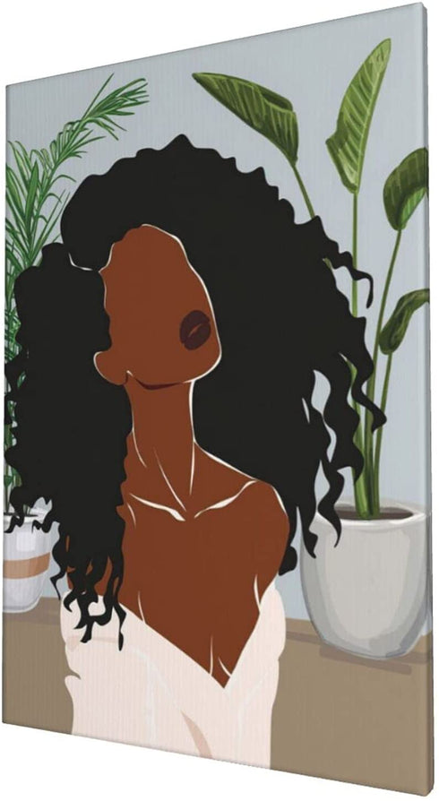 WALLOHERE African American Wall Art Black Girl Painting Artwork Abstract Contemporary Canvas Wall Art For Living Room Bedroom Home Decoration Ready To Hang 16x24 Inch