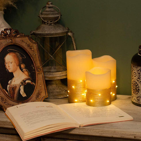 Flickering LED Candle Set with Daily Timer,BeMoment Flameless Candles,Embedded String Lights Stay Lit,Golden Stripes Decorative,Real Wax,Battery Powered,Set of 3(H 4"5"6" x D3")