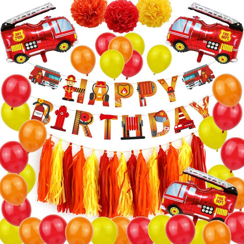 Fire Truck Party Supplies - Fireman Happy Birthday Banner, Paper Pom Pom Tissue Tassels, Firefighter Birthday Balloon