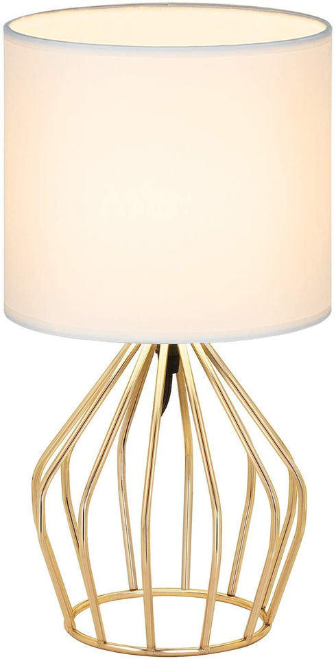HAITRAL Gold Table Lamp - Modern Style Desk Lamp with Hollowed Out Base Linen Fabric Shade, Small Golden Bedside Lamp for Bedrooms, Living Room