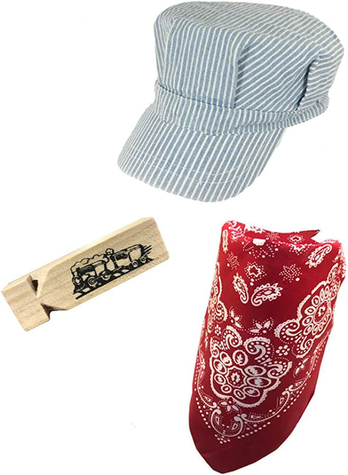 Blue Striped Child Engineer Hat, Red & White Paisley Bandana & Whistle Set