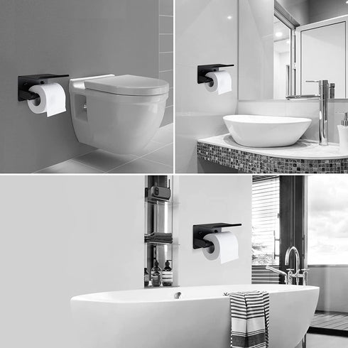 Toilet Paper Holder, CUPAN Adhesive Toilet Paper Holder with Shelf, Stainless Steel Wall Mounted Tissue Roll Paper Dispenser Holder, Washroom Bathroom Matte Black Toilet Paper Roll Holder
