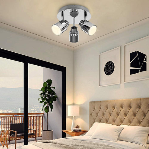 DLLT Modern 3-Light Multi-Directional Ceiling Fixture, Adjustable Round Track Lighting Kits, GU10 LED Bulb Flush Mount Ceiling Spot Light for Kitchen Hallway Bedroom, Warm White, Polished Chrome