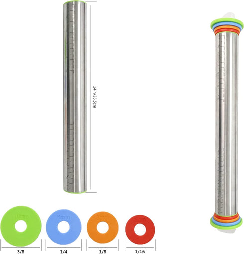 Rolling Pin with Thickness Rings- Adjustable Stainless Steel Roller Guides-Non Stick Dough Roller Pin for Dough Pizza Pie,Pastries and Cookies By Cook's Aid (Rolling Pin)