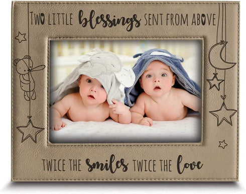 Twice The Blessings From Above,Twice The Smiles, Twice The Love-TWINS New Baby Gift-Twin Frame Boy Twins Girl Twins-Nursery decor-Engraved Leather Picture Frame (4"x 6" Horizontal)