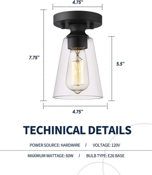 Cone Flush Mount Ceiling Light, HANASS 1-Light Black Ceiling Light Fixture, Farmhouse Light Fixture with Clear Glass Shade for Bedroom Hallway Dining Room Bathroom Corridor, MX99987-1