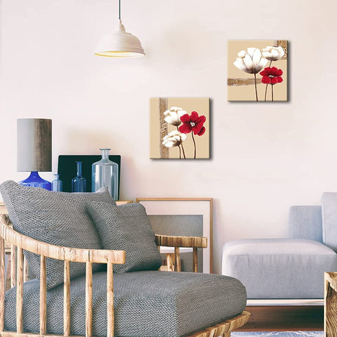 Wieco Art Red and White Flowers Canvas Prints Wall Art Abstract Floral Oil Paintings Style Pictures for Living Room Bedroom Bathroom Home Decorations 2 Piece Modern Stretched and Framed Grace Artwork