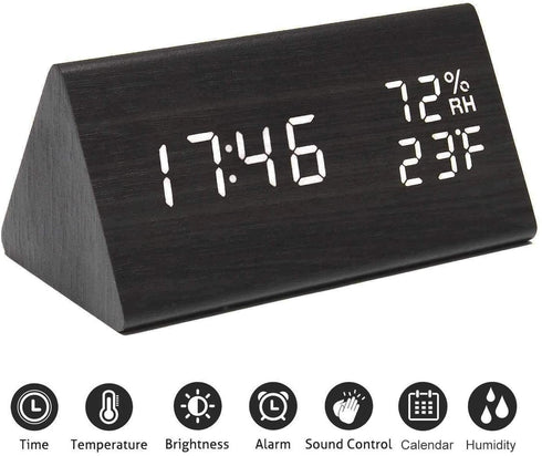 Digital Alarm Clock, with Wooden Electronic LED Time Display, 3 Alarm Settings, Humidity & Temperature Detect, Wood Made Electric Clocks for Bedroom, Bedside¦ (Black)
