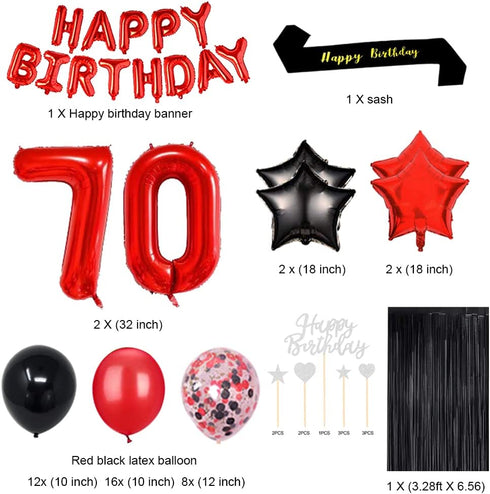 Fancypartyshop Fancy 70TH Birthday Party Decorations Supplies Red Black Later Balloons Happy Birthday Cake Topper Sash Foil Black Curtains Foil Star Balloons Number Red 70