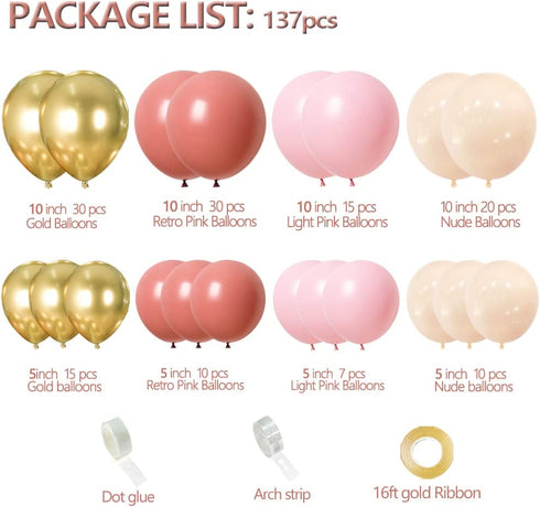 Kbrand Pink Balloons Arch Kit Garland And Metallic Gold For Girl Baby Shower Princess Nude Birthday Party Decorations Light Rose Women Blush 137PCS