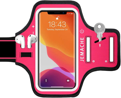 iPhone 14 Pro Max, 13 Pro Max, 14 Plus Armband with AirPods Holder, JEMACHE Gym Running Workouts Arm Band Case for iPhone 14 Plus, 14/13/12/11 Pro Max, Xs Max (Rosy)