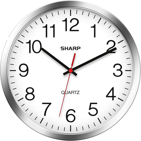 SHARP Wall Clock Silver/Chrome, Silent Non Ticking 12 Inch Quality Quartz Battery Operated Round Easy to Read Home/Kitchen/Office/Classroom/School Clocks, Sweep Movement