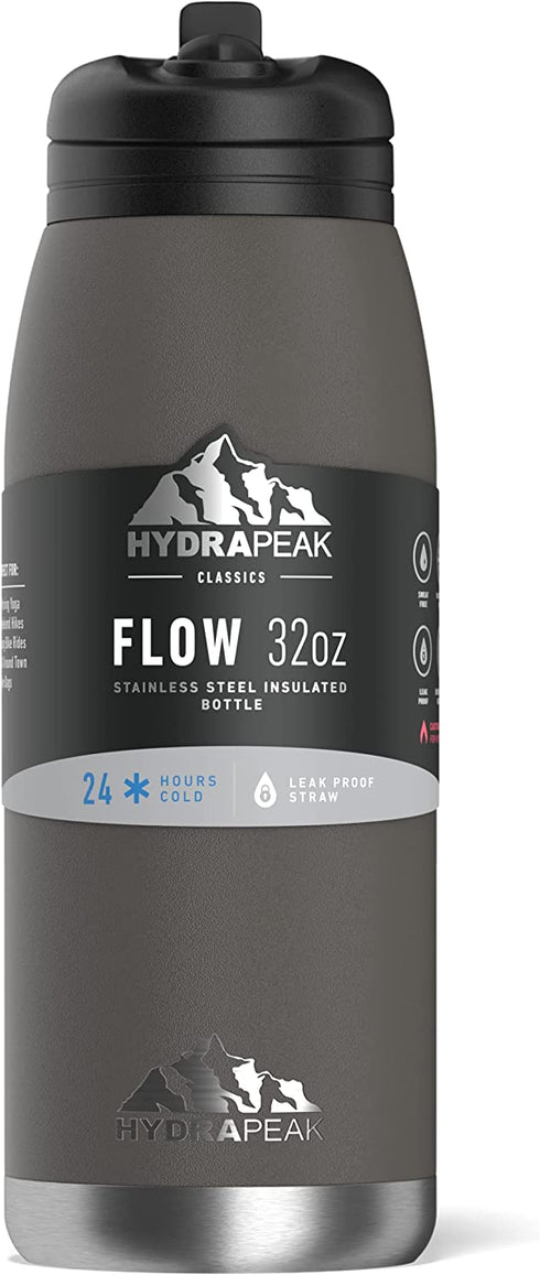 Hydrapeak Flow 32oz Insulated Water Bottle with Straw Lid | Double Wall Vacuum Insulated Stainless Steel Water Bottles, BPA-Free and Leak-Proof, Wide Mouth Flask with Bite Straw and Handle (Graphite)