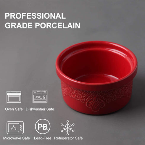 FE Ramekins, Lace Emboss Ramekin 8 oz Oven Safe, Creme Brulee Set of 6, Ceramic Souffle Dish for Baking Dessert and Cake (Apple Red)