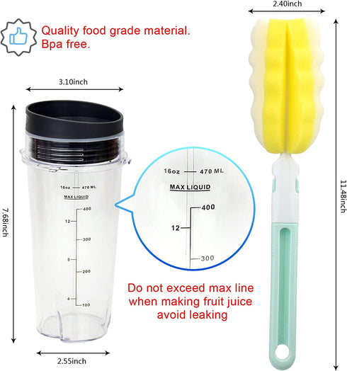 Blender Cup with Lid For Nutri Ninja, Single Serve Replacement Parts Compatible with BL740/BL770/BL771/BL772/BL780/BL660/BL663/BL810/BL820/BL830, Food grade Material, Dishwasher Safe (2Pack, 16 oz)