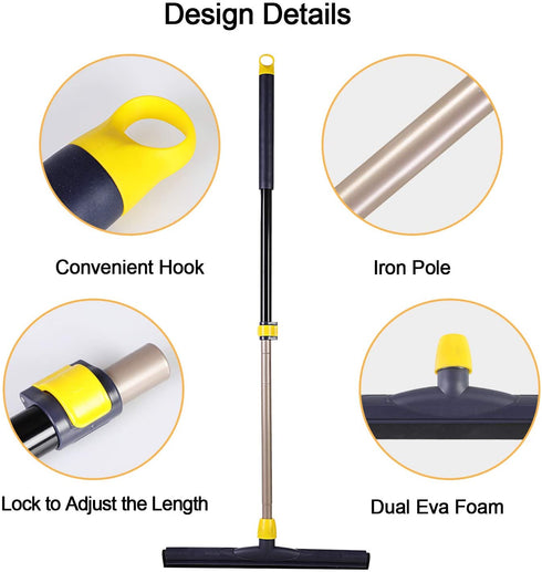 Yocada Floor Squeegee Scrubber 54in Long Adjustable Telescopic Pole Heavy Duty Household Broom Perfect for Garage Courtyard Shower Bathroom Pet Hair Fur Floor Marble Glass Tile Water Foam Cleaning