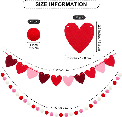 Fovths 6 Pack Valentines Day Garland Set 60 Balls Felt Garland and 40 Pieces Felt Heart Garland Banner Red Pink White Pom Pom Garland for Valentine Day Decorations, No DIY