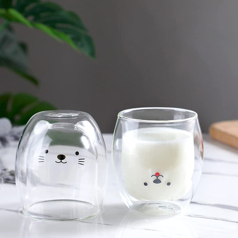 Cute Mugs Glass Double Wall Insulated Glass Espresso Cup, Coffee Cup, Tea Cup, Milk Cup, Best gift for Office and Personal Birthday (Cat)