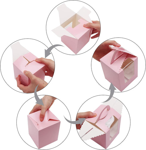 Cupcake Boxes Carriers, EUSOAR 50pcs Pink Single Individual Cupcake Boxes Holders Containers, Portable Paper Muffin Gift Boxes with Window Inserts Handle, for Wedding Birthday Party Treats Boxes