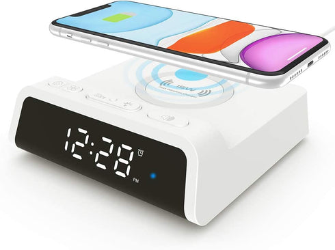 Alarm Clock with 15W Fast Wireless Charging Pad, Snooze Alarm Clock with 4 Brightness 12/24H,Compatible with iPhone,Galaxy, Samsung,LG,Android,AirPods Wireless Charger for Bedroom,Additional USB Port