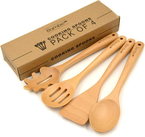 Bamber 4 Pieces Wooden Spoons for Cooking Wood Kitchen Utensil Set