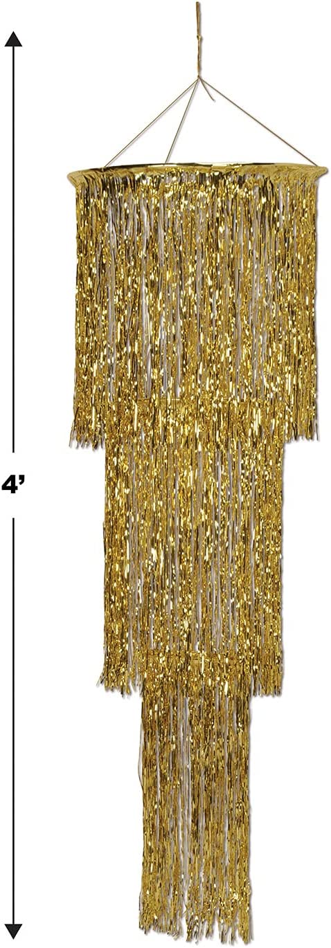 Beistle 3 Tier Shimmering Metallic Plastic Tinsel Fringe Chandelier Hanging Decoration Photo Booth Backdrop for Birthday Party Engagement Anniversary Wedding, 4', Gold