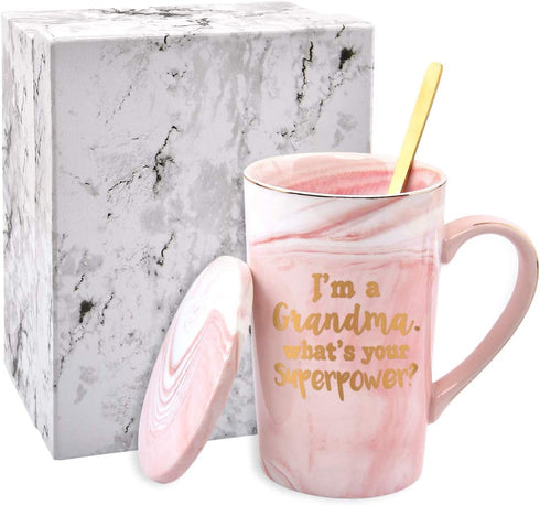 Gifts for Grandma - I'm a Grandma, What's Your SuperPower - Funny Birthday Gifts for Grandma - Grandma Coffee Mug - Grandma Gifts - 14Oz Pink Marble Mug with Gift Box Spoon Coaster