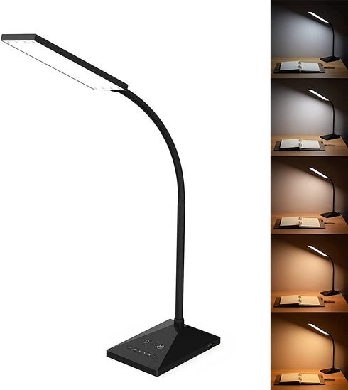 LED Desk Lamp, RAOYI 12W Dimmable Table Lamp Eye-Caring Reading Light with USB Charging Port, Touch Control, 5 Lighting Modes and 7-Level Brightness for Home Office Bedrooms (Black)