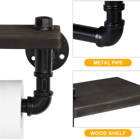 NEX Industrial Toilet Paper Holder, Wall Mounted Toilet Roll Tissue Holder Stand with Wooden Shelf for Bathroom, Espresso