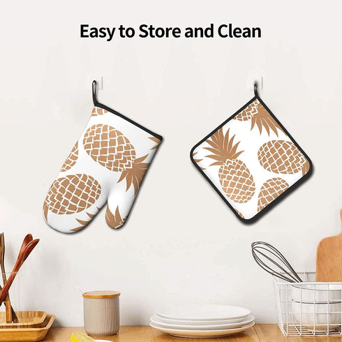 Oven Mitts and Pot Holders for Kitchen Pineapple Oven Mitts Sets Golden Cute Hot Pads Heat Resistant Washable for Counter Table Decorative BBQ Cooking Baking Grilling