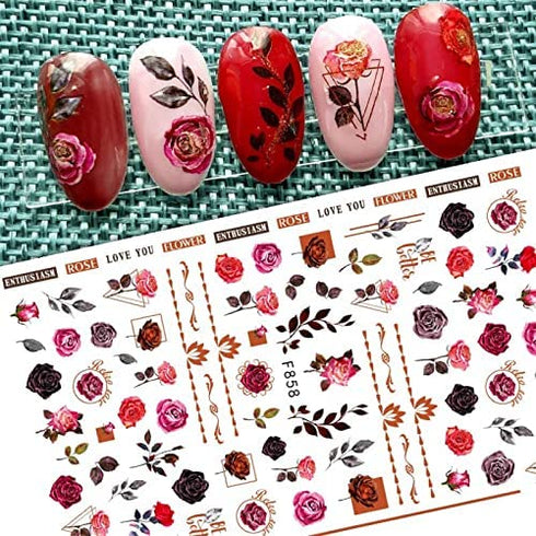 MiaoWu 10 Sheets Flower Nail Art Stickers Decals Colorful Cheery Blossoms 3D Self-Adhesive Rose Butterfly Nail Sticker Spring Floral Theme for Acrylic Nails DIY Nail Art Supplies