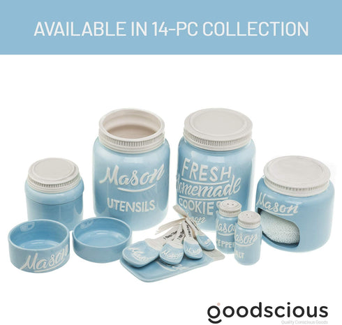 Goodscious Blue Ceramic Mason Jars Measuring Cups - Kitchen Set - Baking Supplies Dry and Liquid Ingredient - Retro and Farmhouse Decor - Dishwasher and Microwave Safe - Rustic Accessory - 4 Piece Set